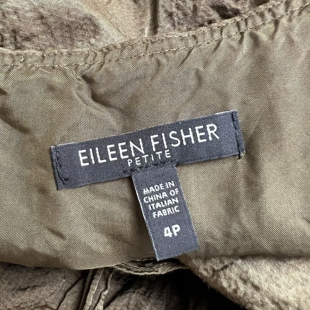 Eileen Fisher Dress Steel Satin‎ Faux Wrap Tie Front Surplice Olivine 4 Petite